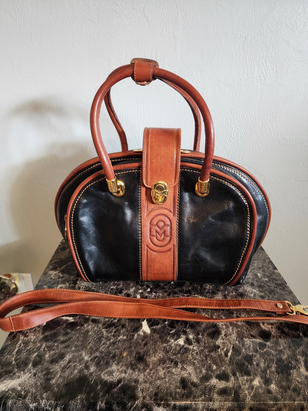 Vintage Marino Orlandi Two-Tone Leather Bowler Satchel Bag